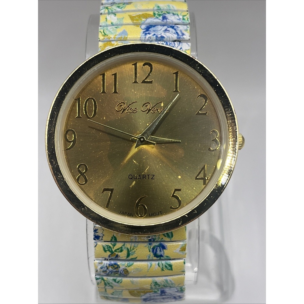 Vice Versa Women's Quartz Watch Floral Stretch Band‎ Gold 40mm Case- New Battery
